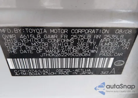 2009 Lexus Is 250 from USA, damaged, VIN JTHCK262295028084